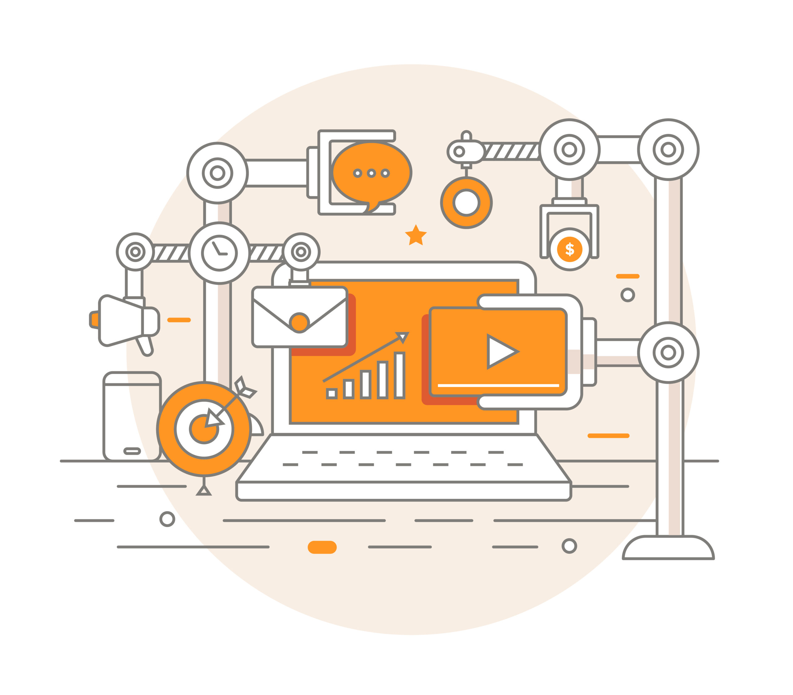 automated marketing showing automation using illustration of robots and gears and technology