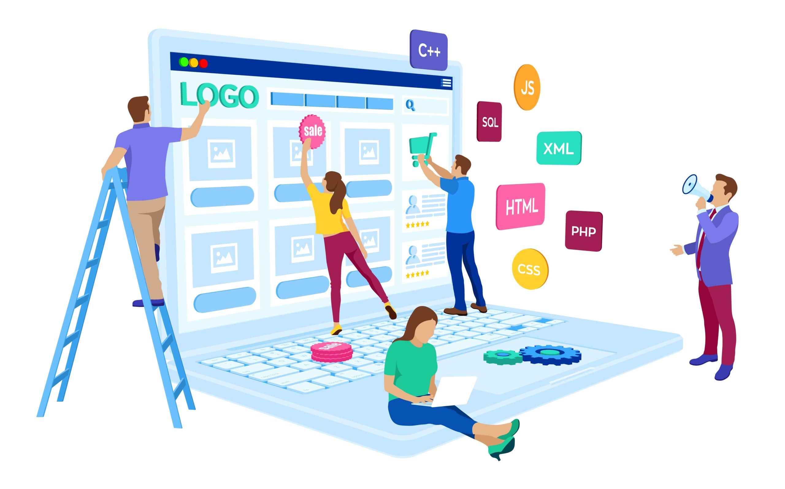 Web development. Project team of engineers for website create. Webpage building. UI UX design. Characters on a concept. Web agency. Template for programmer or designer. Vector illustration. LinkedIn for Nonprofits