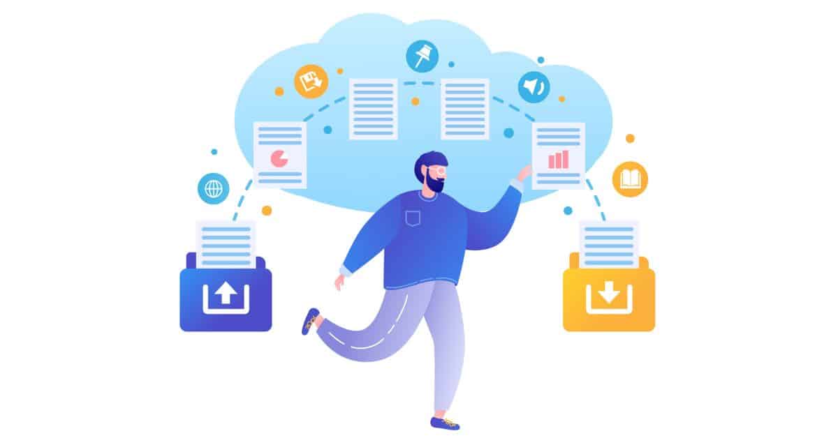 Illustration of man surrounded by a cloud of technology symbols Illustration of man surrounded by a cloud of technology symbols