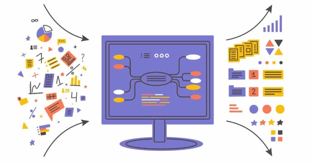 Graphic with a computer in the center and many tech-related symbols on the sides