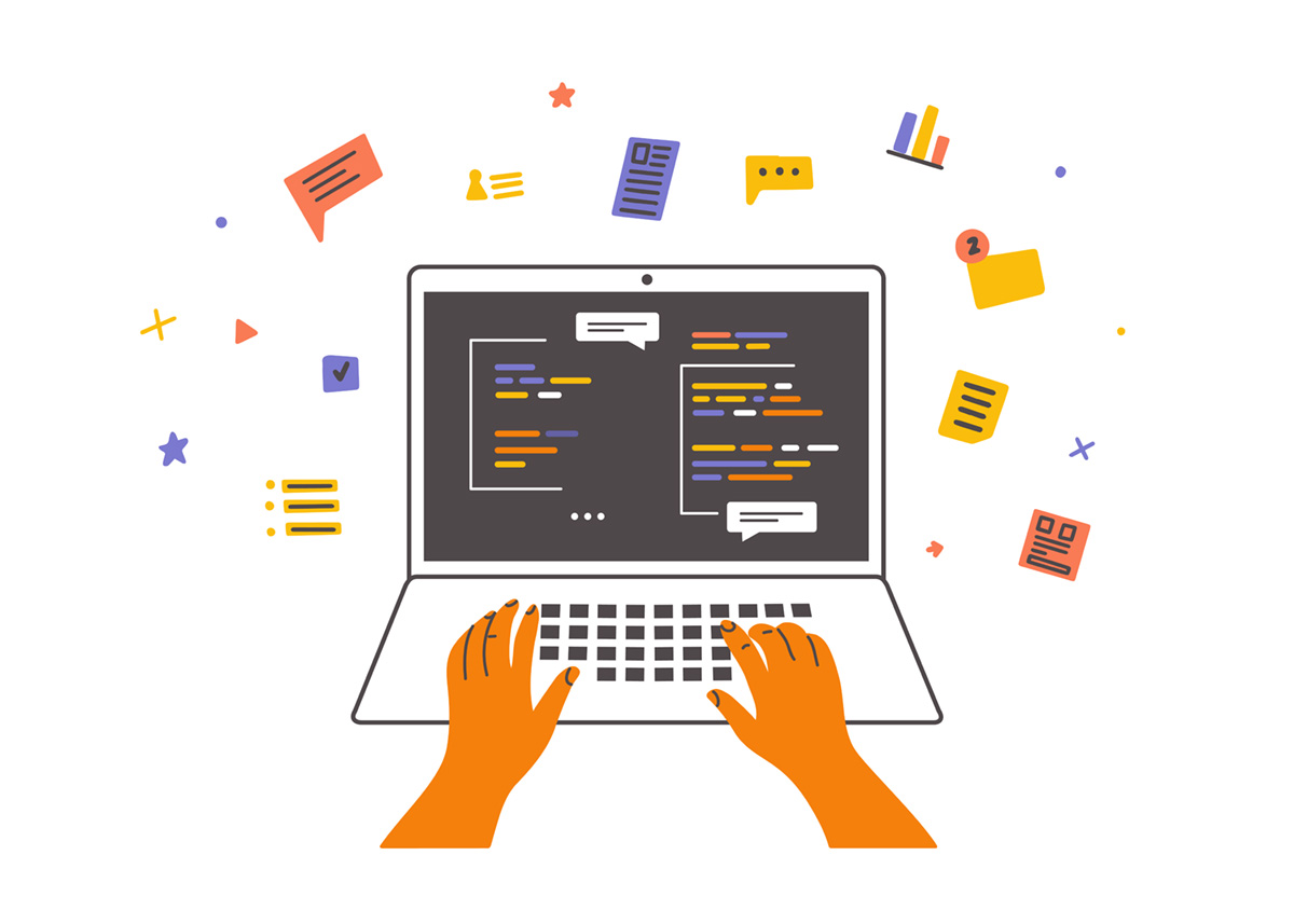 playful illustration of hands at a keyboard with a laptop screen displayed showing multiple types of communication flowing in and out.