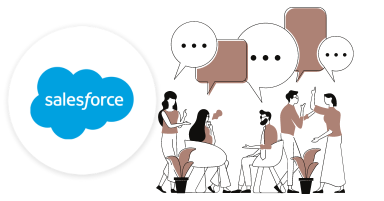 raisers edge to salesforce graphic image. illustration of business people talking with word bubbles above them and a Salesforce logo