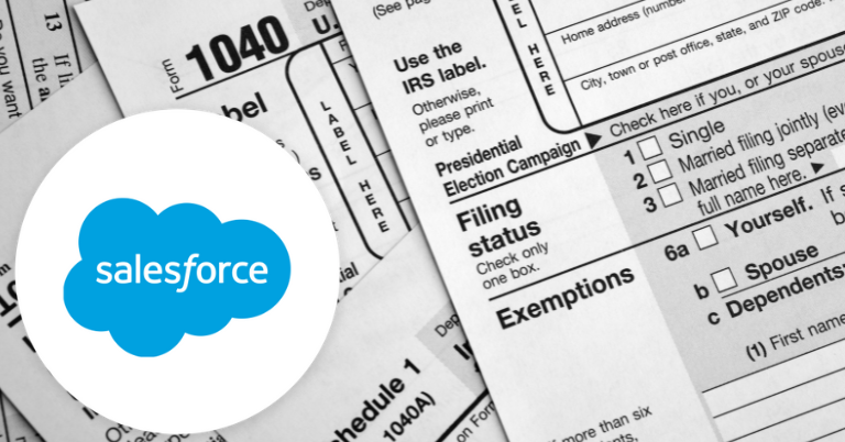 photo of IRS tax forms and Salesforce logo