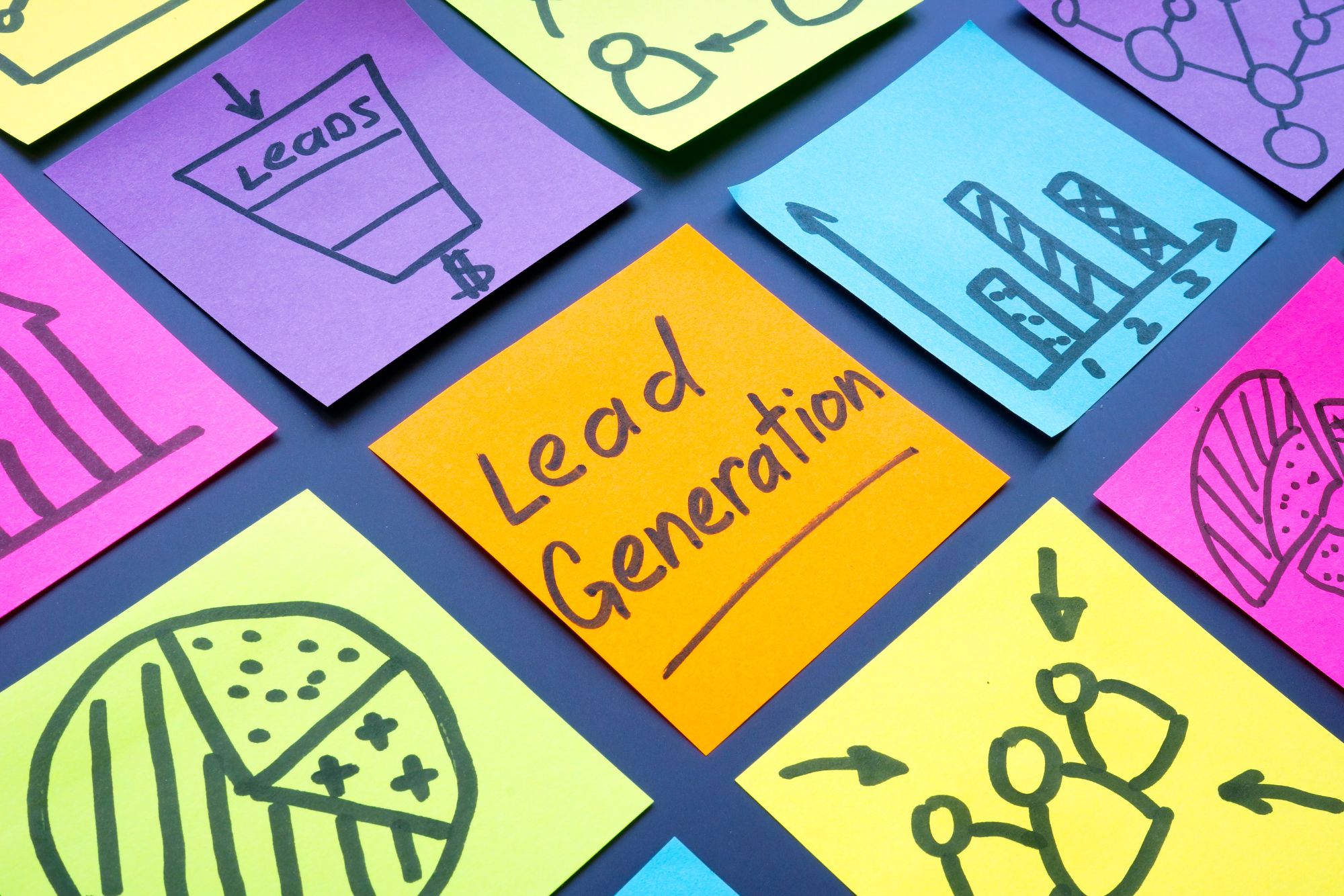 Post-it notes with different imagery and words related to lead generation