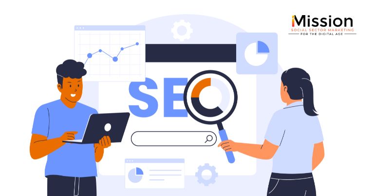 Graphic of two people looking at a laptop with SEO